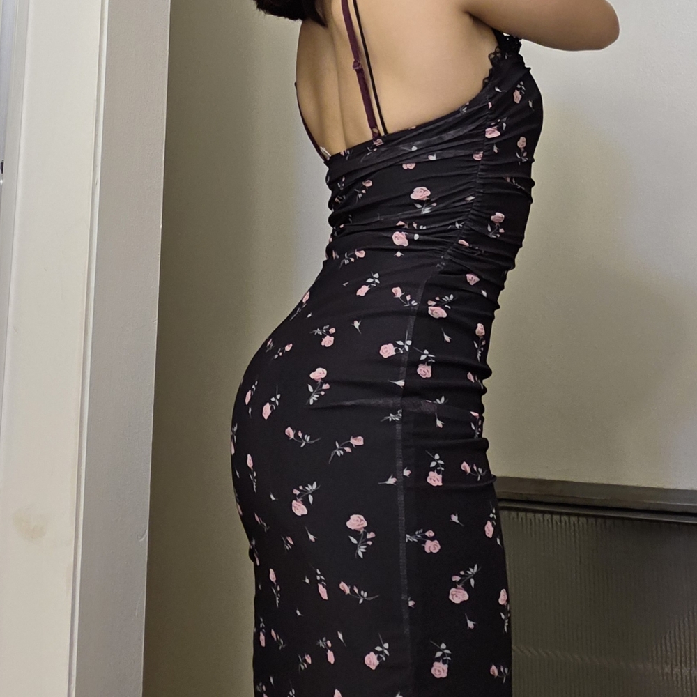 SHEIN Black Midi Dress with Pink Floral Design